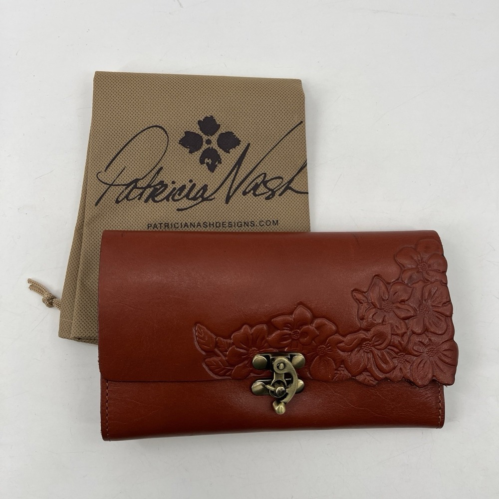 PATRICIA NASH TERRESA CUT OUT FLORAL TOOLED Cognac LEATHER  WALLET TRI FOLD
